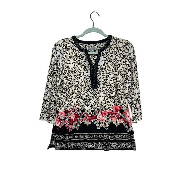 JM Collection Floral Studded Embellished Tunic Blouse Top Size MP Red Tan - Picture 1 of 10